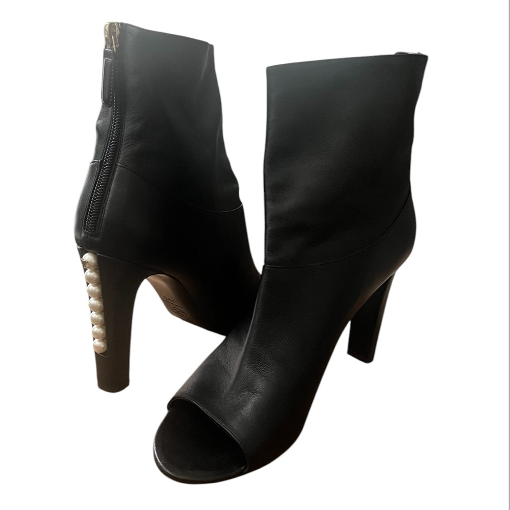 CHANEL LEATHER PEEP TOE BOOTIES WITH PEARL DETAIL ON HEEL SIZE EU 39 1/2, US 9.5